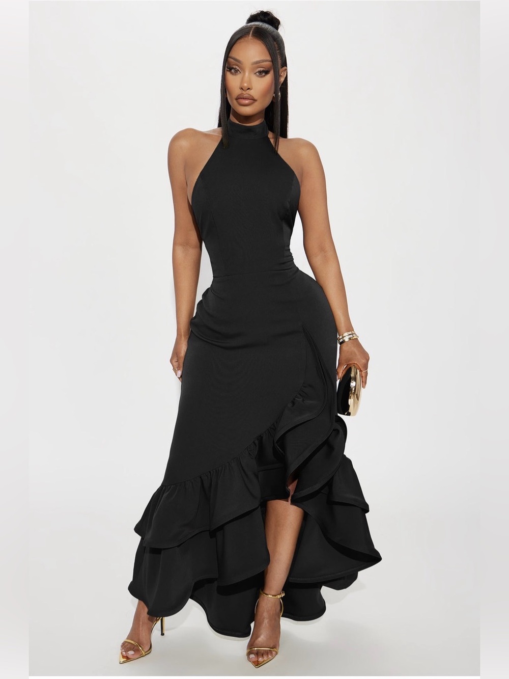 Fashion Nova Black Halter High-Low Ruffle Maxi Dress